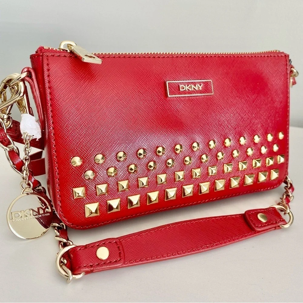 DKNY Red & Gold Studded Shoulder Bag & Crossbody NWT